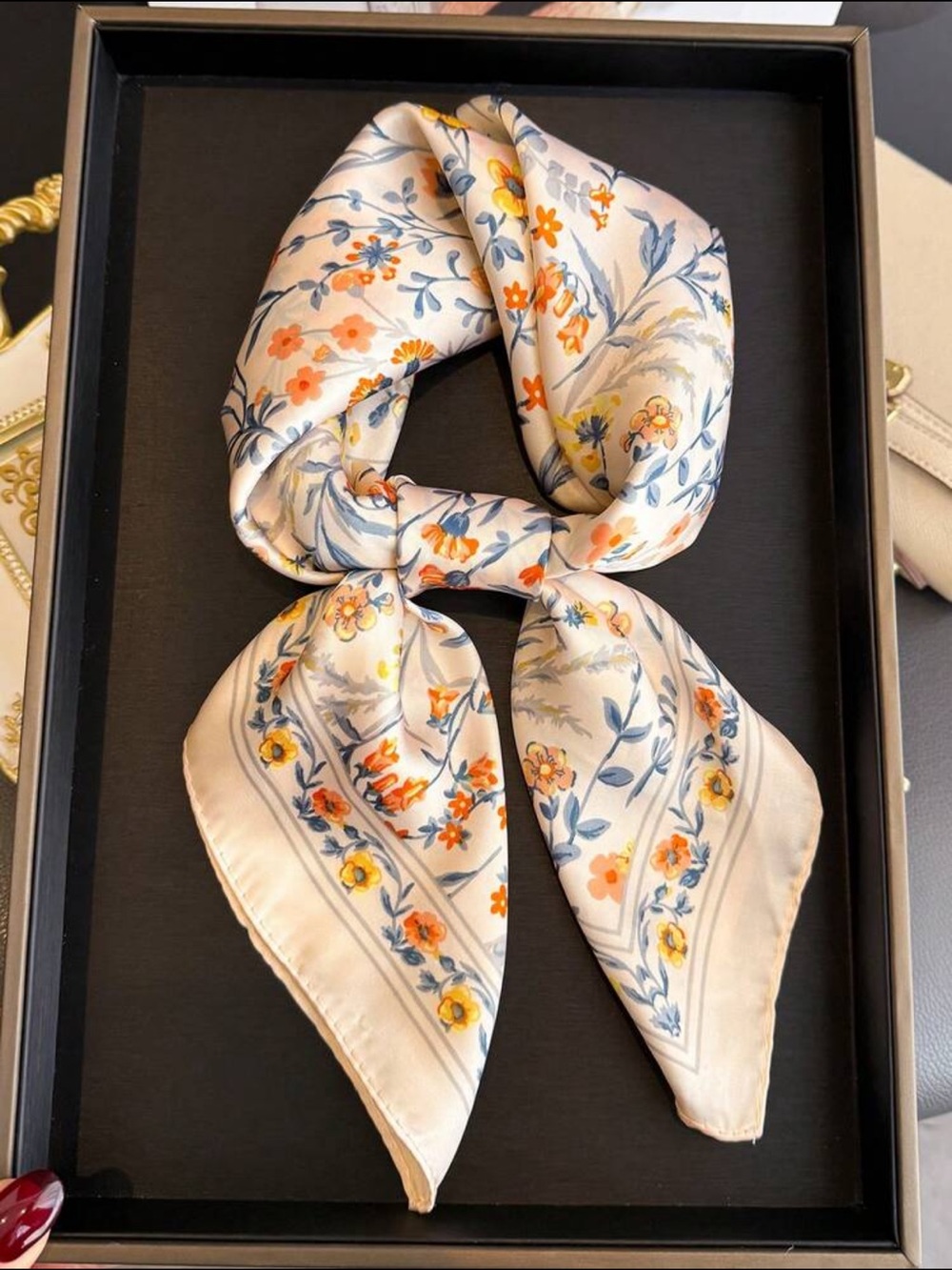 Frenchy Vintage Floral Scarf - Cream with Orange & Blue Floral Print